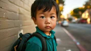 ai generado un pequeño chico con un mochila es esperando en el calle, propensión en contra el pared. generativo ai foto