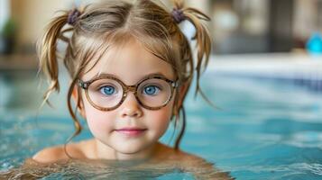 AI generated A young girl with glasses enjoying herself in a swimming pool. Generative AI photo
