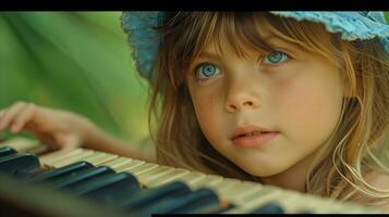 AI generated Young girl with blue eyes playing piano in nature photo