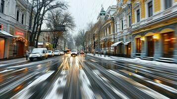 AI generated Animated shot of a lively snowy street. Generative AI photo