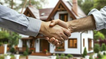 AI generated Two people are shaking hands in front of a house. photo