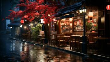 AI generated Nightlife in a famous city, illuminated lanterns reflect on wet streets generated by AI photo