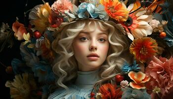 AI generated Cute blond girl with flower, smiling in nature beauty generated by AI photo