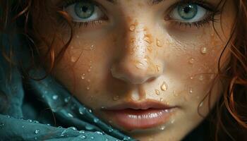 ai generado un linda niña sonriente, mirando a cámara, disfrutando el lluvia generado por ai foto