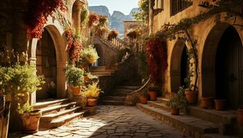 AI generated Ancient staircase leads to famous medieval Italian courtyard generated by AI photo