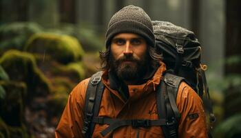 AI generated One man hiking in the forest with a backpack generated by AI photo