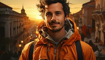 AI generated Smiling tourist standing in city, enjoying winter sunset adventure generated by AI photo