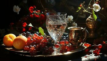 ai generado Fresco Fruta y vino Decorar el mesa, naturaleza celebracion generado por ai foto