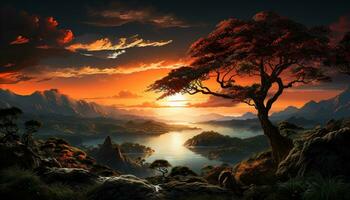AI generated Silhouette of tree on mountain peak, reflecting tranquil sunset generated by AI photo