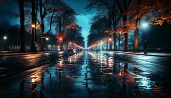 AI generated City street illuminated by street lights, car headlights blur motion generated by AI photo