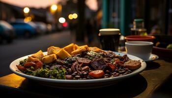 AI generated Fresh gourmet meal on outdoor table, focus on grilled vegetables generated by AI photo