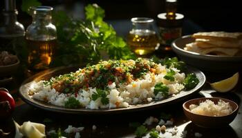 AI generated Healthy vegetarian meal with fresh vegetables, rice, and grilled tomato generated by AI photo