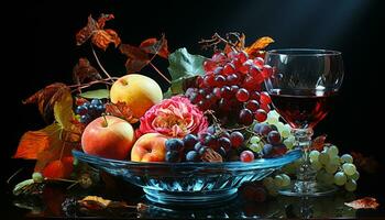 AI generated Fresh grape bunches on wooden table, nature autumn decoration generated by AI photo