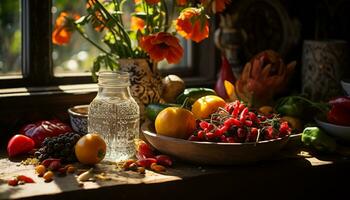 AI generated Freshness of nature on a rustic wooden table, organic vegetables generated by AI photo