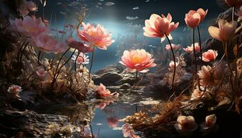 AI generated Vibrant lotus flower reflects beauty in tranquil pond generated by AI photo