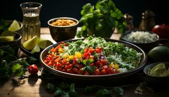 AI generated Fresh vegetable salad with tomato, avocado, and lime dressing generated by AI photo