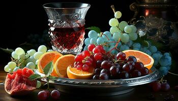 AI generated Fresh fruit on table grape, orange, lemon, strawberry, raspberry generated by AI photo