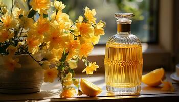 AI generated Freshness of nature in a yellow flower vase on table generated by AI photo