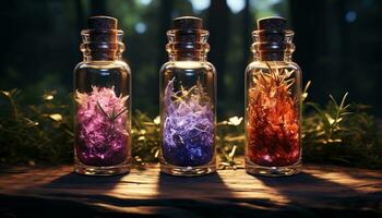 AI generated Freshness in nature a purple flower in a glass bottle generated by AI photo