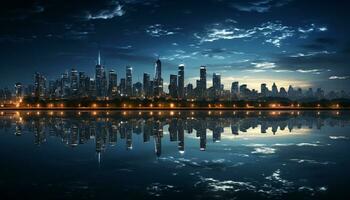 ai generado silueta de moderno ciudad horizonte refleja en tranquilo frente al mar generado por ai foto