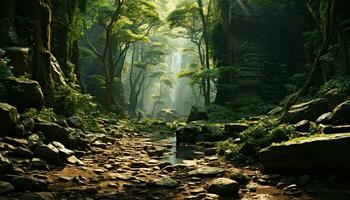 AI generated Mysterious fog blankets tranquil tropical rainforest, revealing nature hidden beauty generated by AI photo