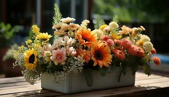 ai generado frescura de naturaleza en un ramo, amarillo flores en florero generado por ai foto