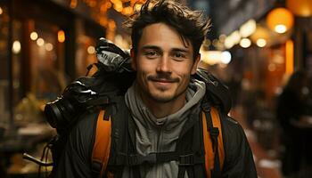 AI generated Smiling man, backpacker, confidently looking at camera, enjoying winter adventure generated by AI photo