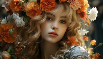 AI generated A beautiful blond woman with curly hair and a flower generated by AI photo