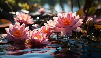 AI generated Beautiful lotus flower floating on tranquil pond, reflecting nature elegance generated by AI photo