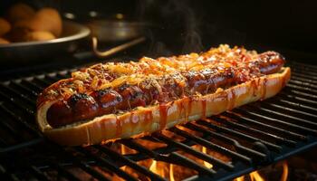 ai generado A la parrilla carne en caliente parrilla, fumar creciente, verano picnic generado por ai foto