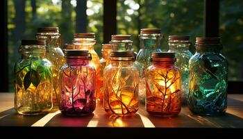 AI generated Fresh green liquid in glass jar on wooden table outdoors generated by AI photo