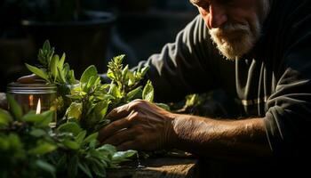 AI generated One man working outdoors, planting a leaf in a flower pot generated by AI photo