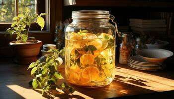 AI generated Refreshing citrus cocktail on wooden table, nature summer drink generated by AI photo