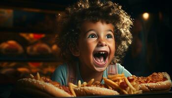 ai generado sonriente niño disfrutando un linda comida a hogar generado por ai foto