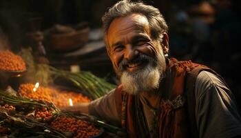 ai generado sonriente indio granjero de venta fruta, abrazando espiritualidad en rural mercado generado por ai foto