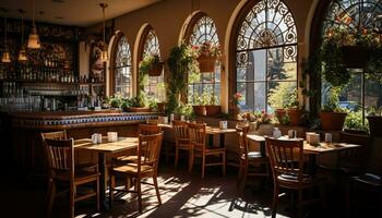 AI generated Cozy dining room with modern design, rustic wood table generated by AI photo