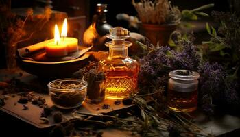 AI generated Aromatherapy candle burns, nature herbal medicine brings relaxation generated by AI photo