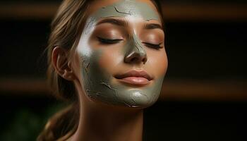 ai generado joven mujer aplicando facial máscara para belleza tratamiento adentro generado por ai foto
