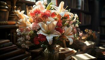 AI generated Freshness and beauty in nature a multi colored bouquet on a shelf generated by AI photo