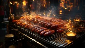 ai generado A la parrilla carne en fuego, un gastrónomo verano banquete generado por ai foto