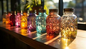 AI generated A colorful collection of glass bottles brightens the table generated by AI photo