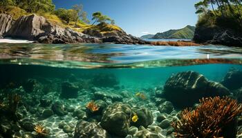 AI generated Underwater reef, fish swim in transparent blue water generated by AI photo