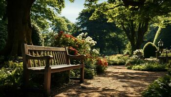 AI generated Tranquil scene men sitting on bench, surrounded by nature generated by AI photo