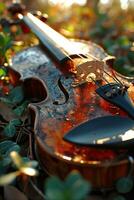 AI generated A old violin lying on leaves. photo