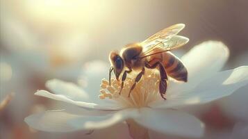 ai generado abeja coleccionar néctar en un blanco flor en suave luz de sol foto