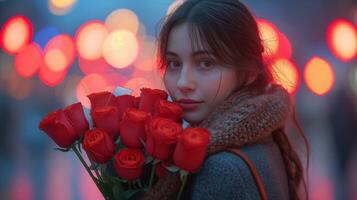 AI generated A woman holding red roses against a blurred background. photo