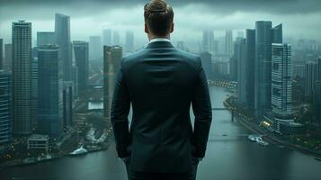 AI generated Man in suit is looking out over the city. photo