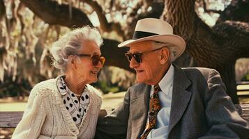 ai generado un más viejo Pareja sentado en un banco en el parque. generativo ai foto