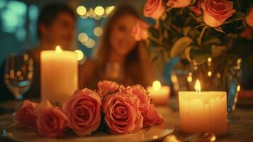 AI generated A couple at their dinner place with candles and roses. photo