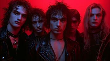 AI generated Edgy rock band members in leather jackets under red neon light photo